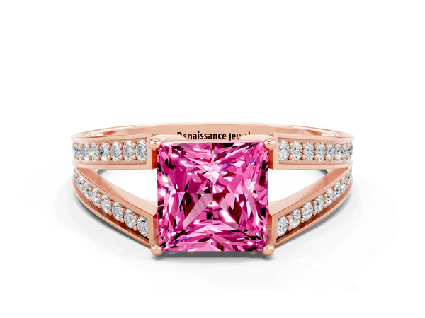 Rose gold Princess Cut Pink Sapphire Split Shank Ring with Pavé Band and Four-Prong Setting