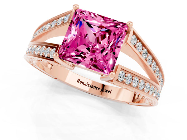 Rose gold Princess Cut Pink Sapphire Split Shank Ring with Pavé Band and Four-Prong Setting