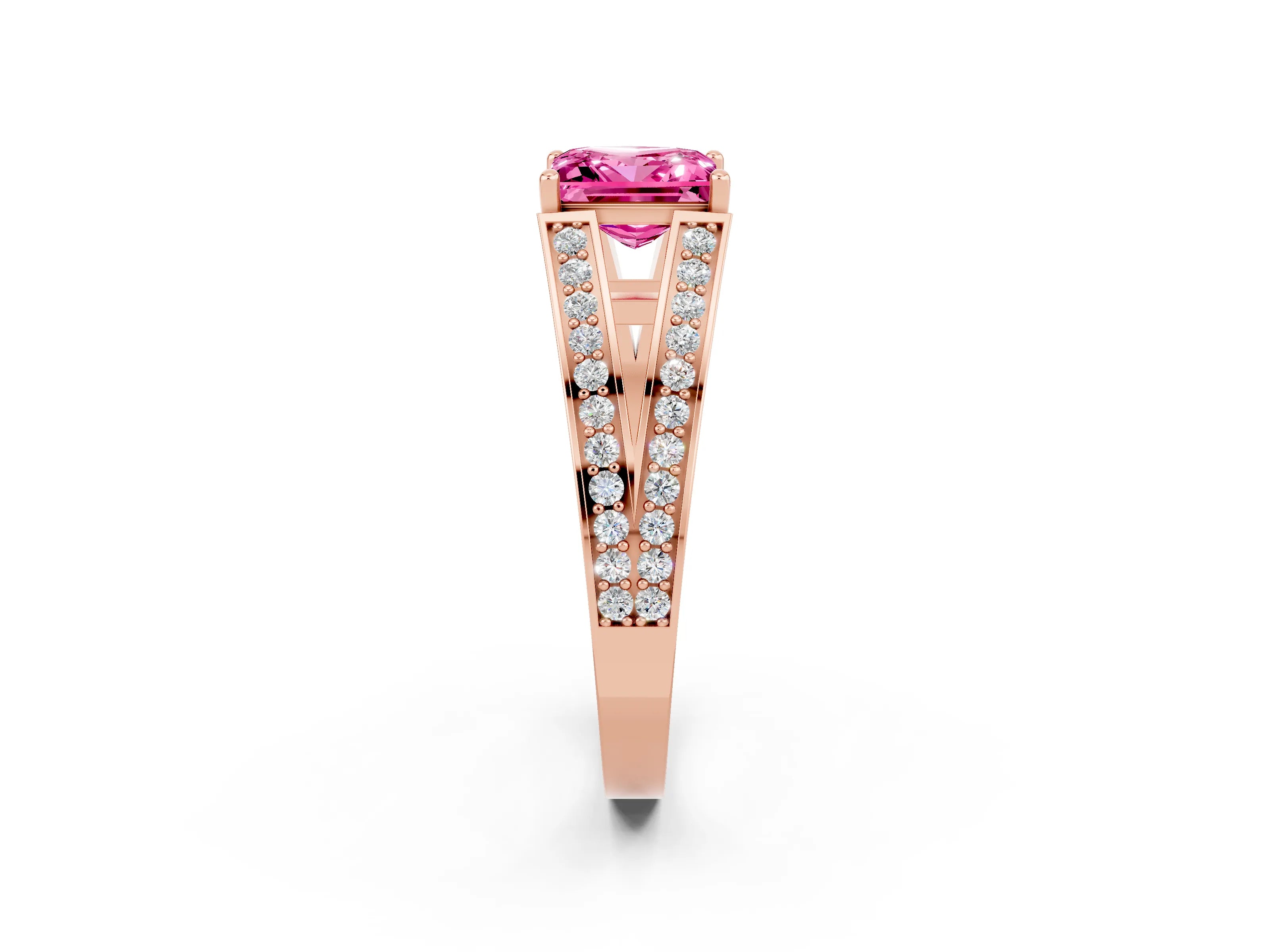 Rose gold Princess Cut Pink Sapphire Split Shank Ring with Pavé Band and Four-Prong Setting_2