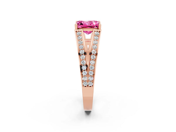 Rose gold Princess Cut Pink Sapphire Split Shank Ring with Pavé Band and Four-Prong Setting
