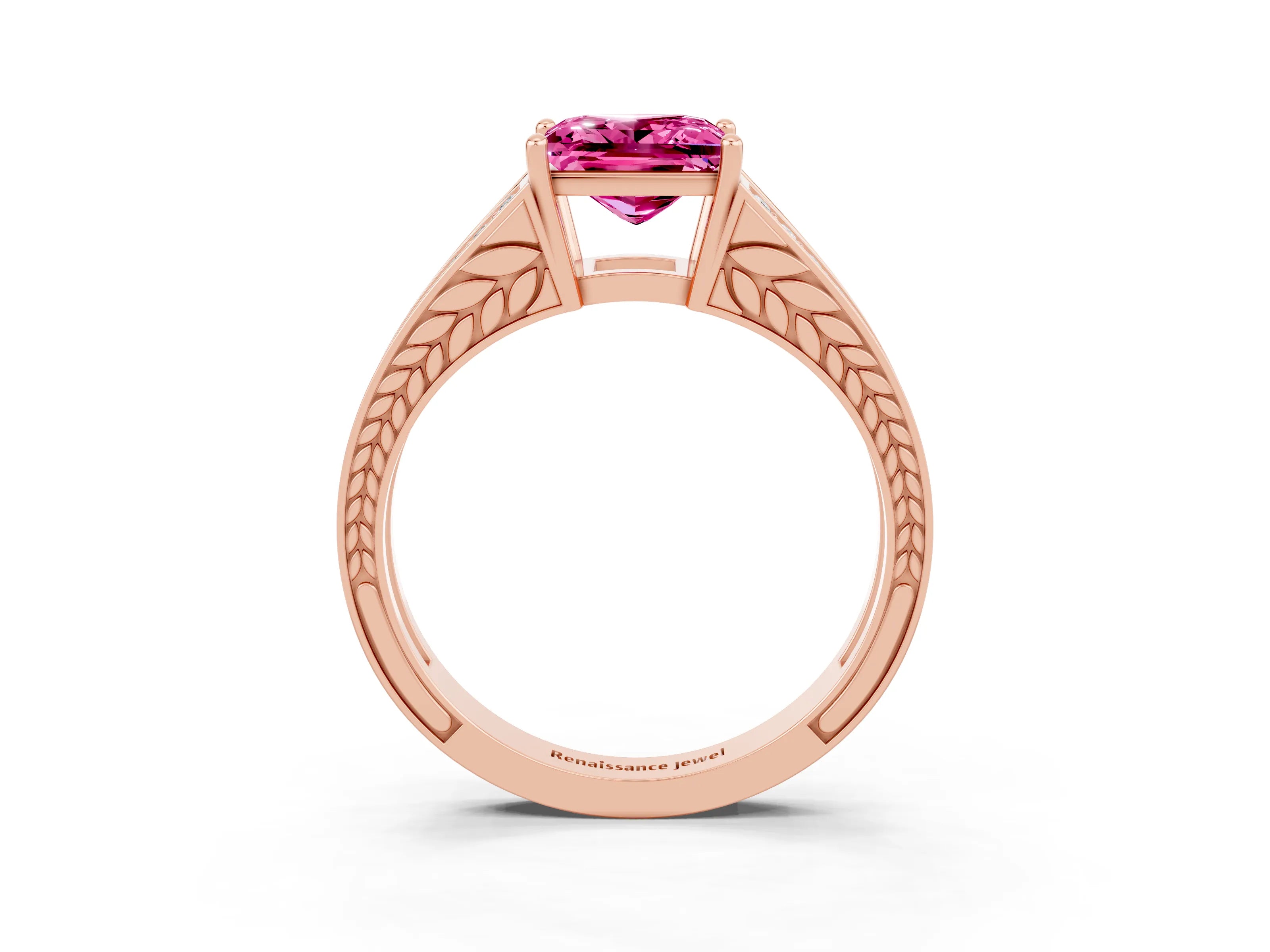 Rose gold Princess Cut Pink Sapphire Split Shank Ring with Pavé Band and Four-Prong Setting_3