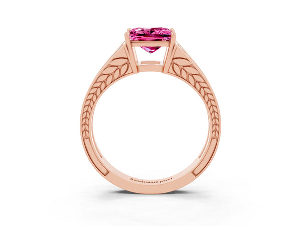 Rose gold Princess Cut Pink Sapphire Split Shank Ring with Pavé Band and Four-Prong Setting