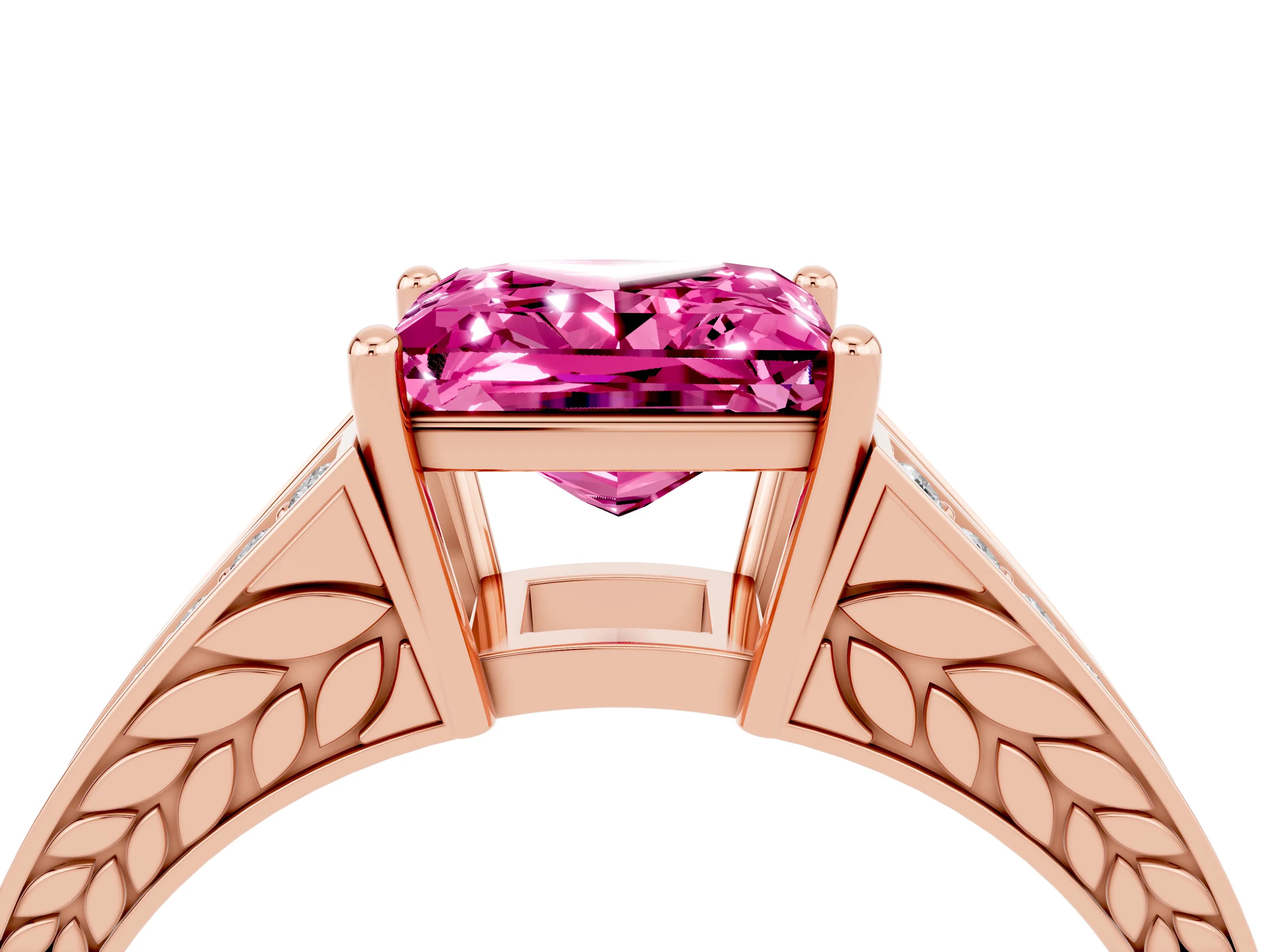 Rose gold Princess Cut Pink Sapphire Split Shank Ring with Pavé Band and Four-Prong Setting_4