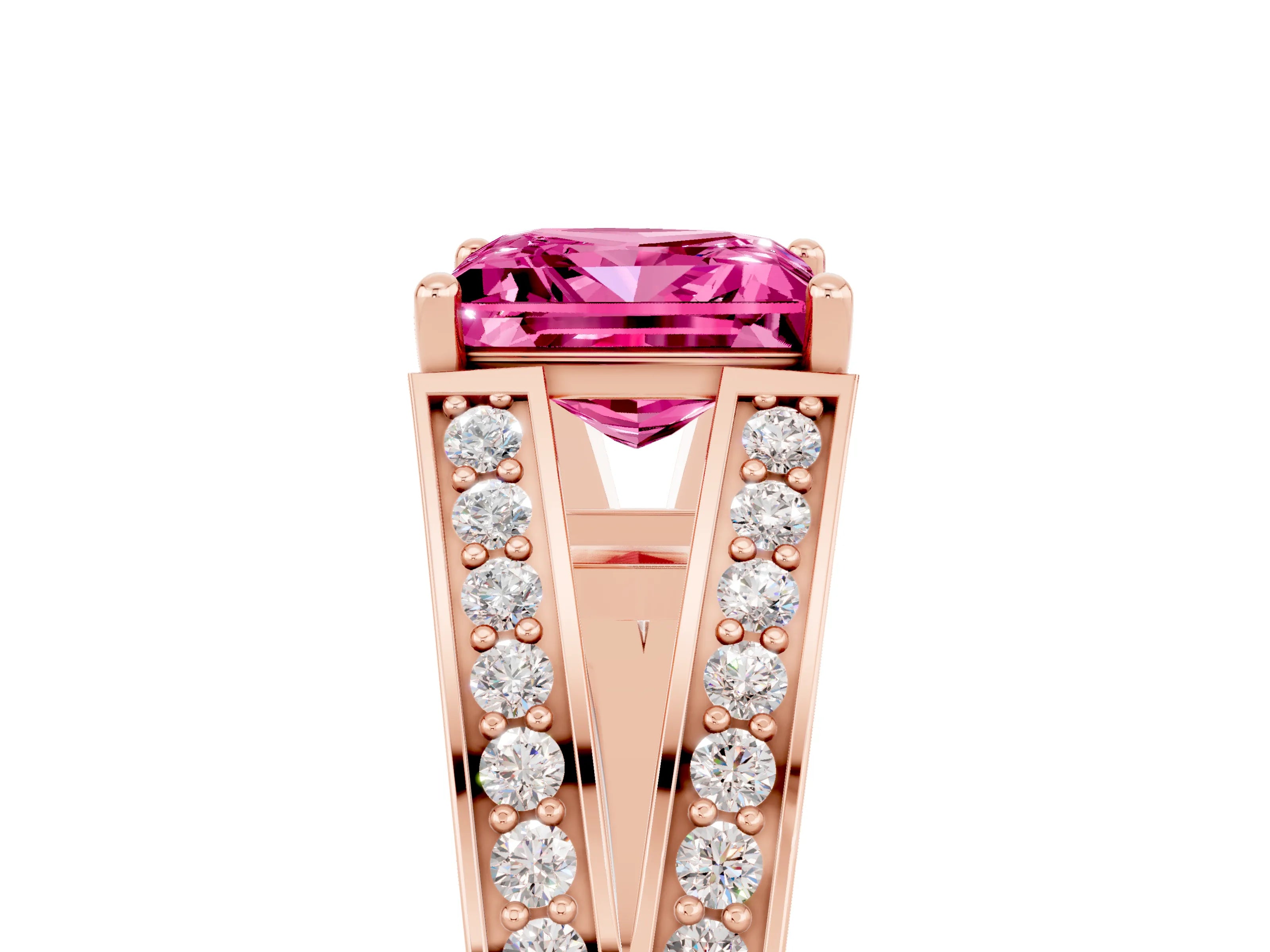 Rose gold Princess Cut Pink Sapphire Split Shank Ring with Pavé Band and Four-Prong Setting_5