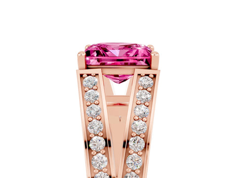 Rose gold Princess Cut Pink Sapphire Split Shank Ring with Pavé Band and Four-Prong Setting_5