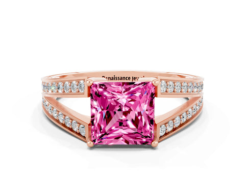 Rose gold Princess Cut Pink Sapphire Split Shank Ring with Pavé Band and Four-Prong Setting