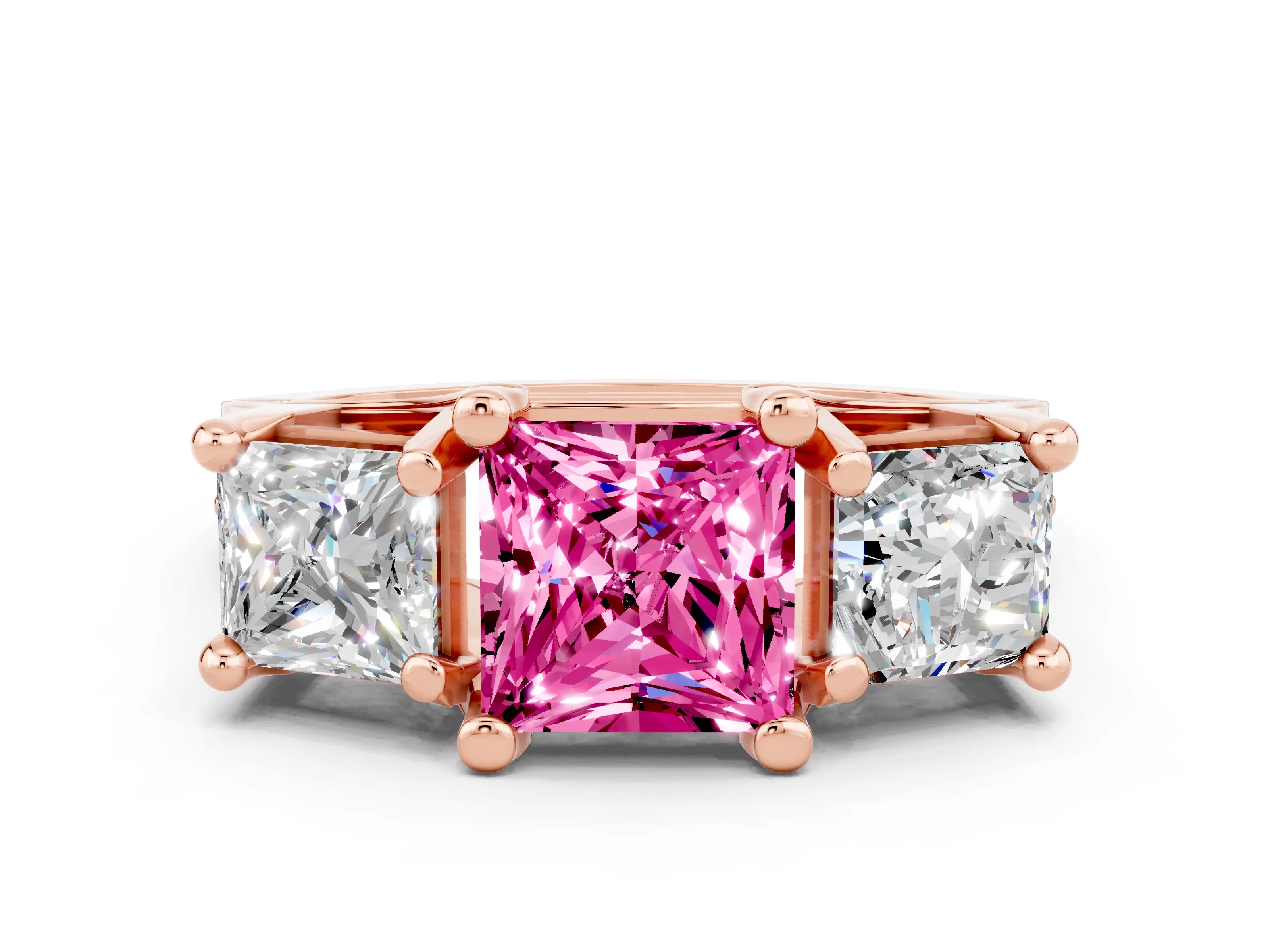 Rose gold Princess Cut Pink Sapphire Three-Stone Ring with Channel Set Band and Four-Prong Setting