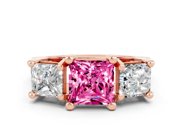 Rose gold Princess Cut Pink Sapphire Three-Stone Ring with Channel Set Band and Four-Prong Setting