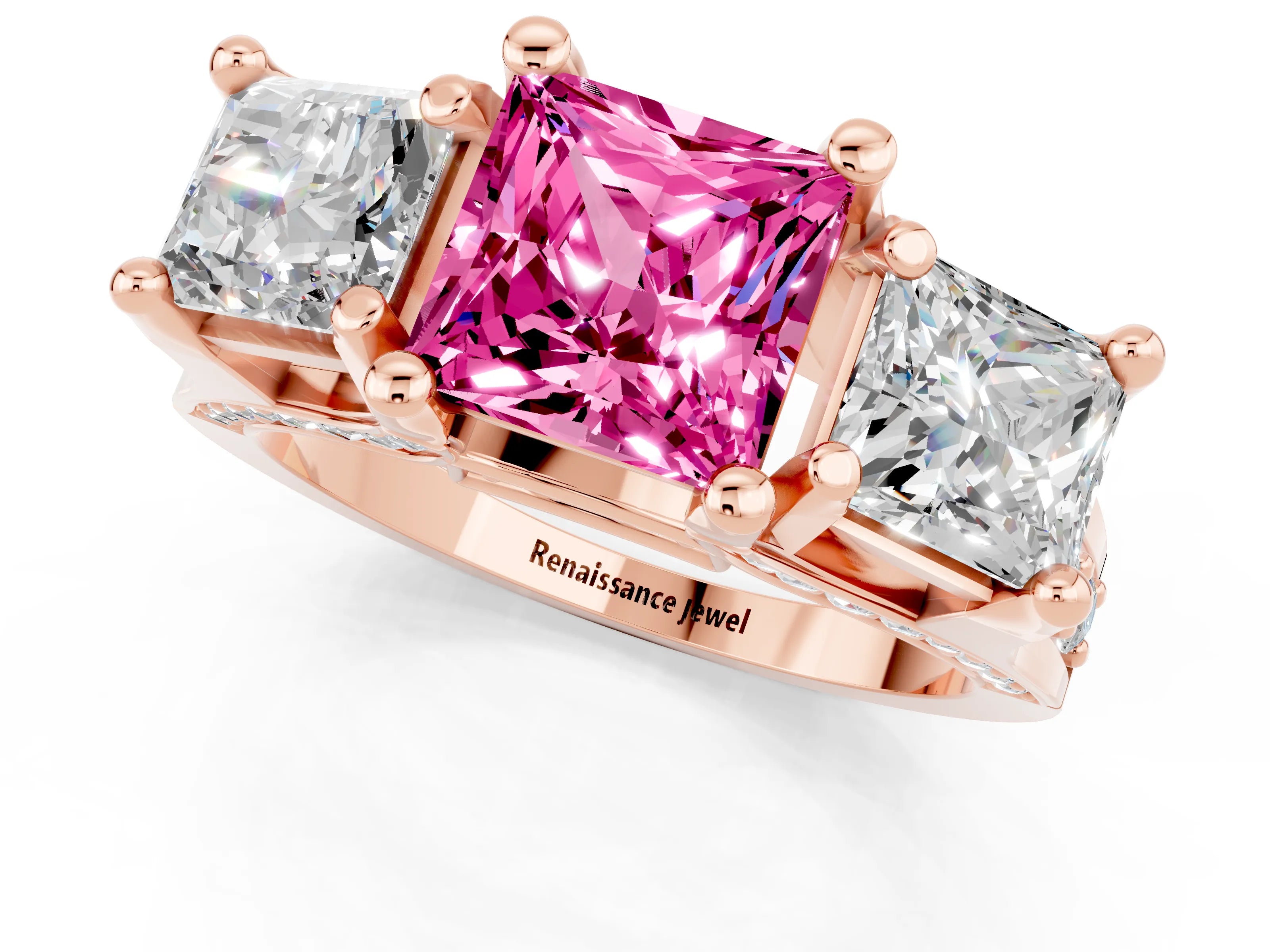 Rose gold Princess Cut Pink Sapphire Three-Stone Ring with Channel Set Band and Four-Prong Setting_1