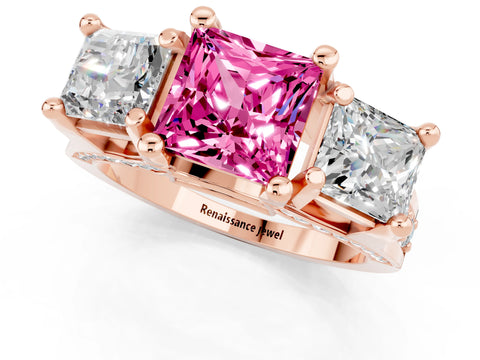 Rose gold Princess Cut Pink Sapphire Three-Stone Ring with Channel Set Band and Four-Prong Setting_1