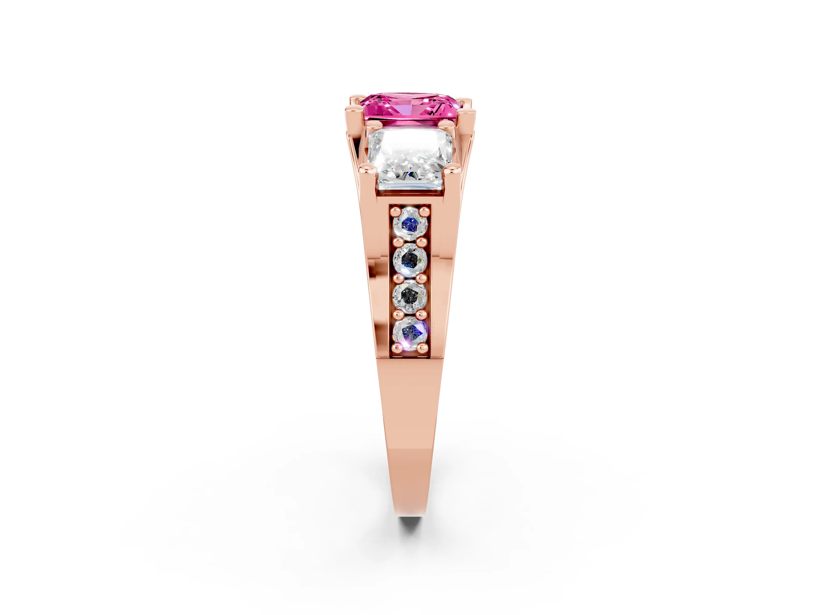 Rose gold Princess Cut Pink Sapphire Three-Stone Ring with Channel Set Band and Four-Prong Setting_2