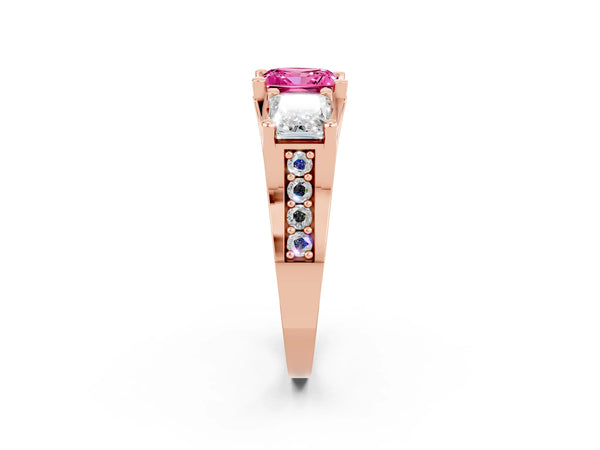 Rose gold Princess Cut Pink Sapphire Three-Stone Ring with Channel Set Band and Four-Prong Setting