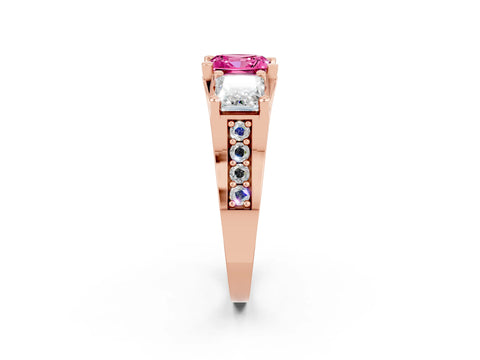 Rose gold Princess Cut Pink Sapphire Three-Stone Ring with Channel Set Band and Four-Prong Setting_2