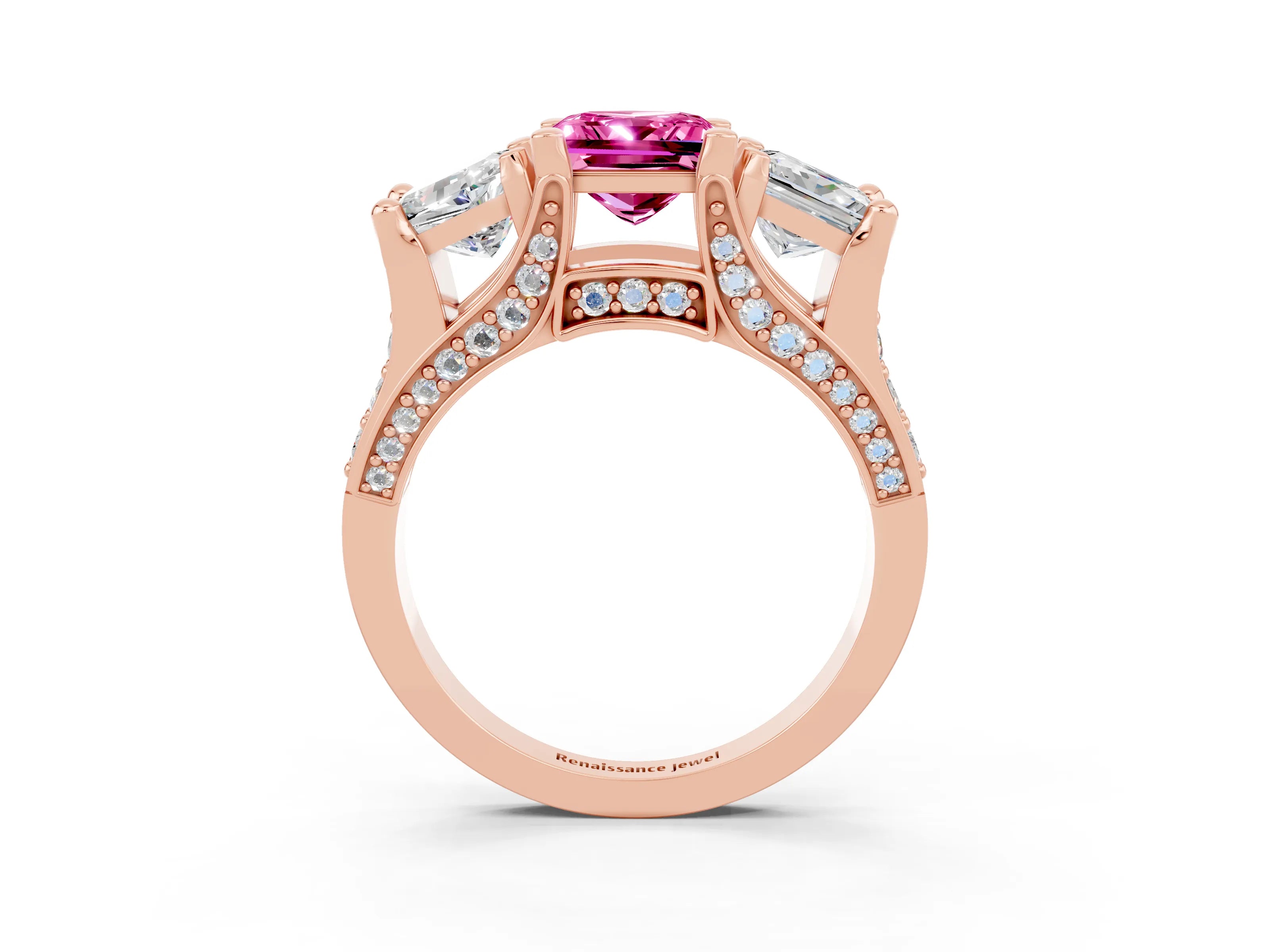 Rose gold Princess Cut Pink Sapphire Three-Stone Ring with Channel Set Band and Four-Prong Setting_3