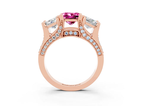 Rose gold Princess Cut Pink Sapphire Three-Stone Ring with Channel Set Band and Four-Prong Setting_3