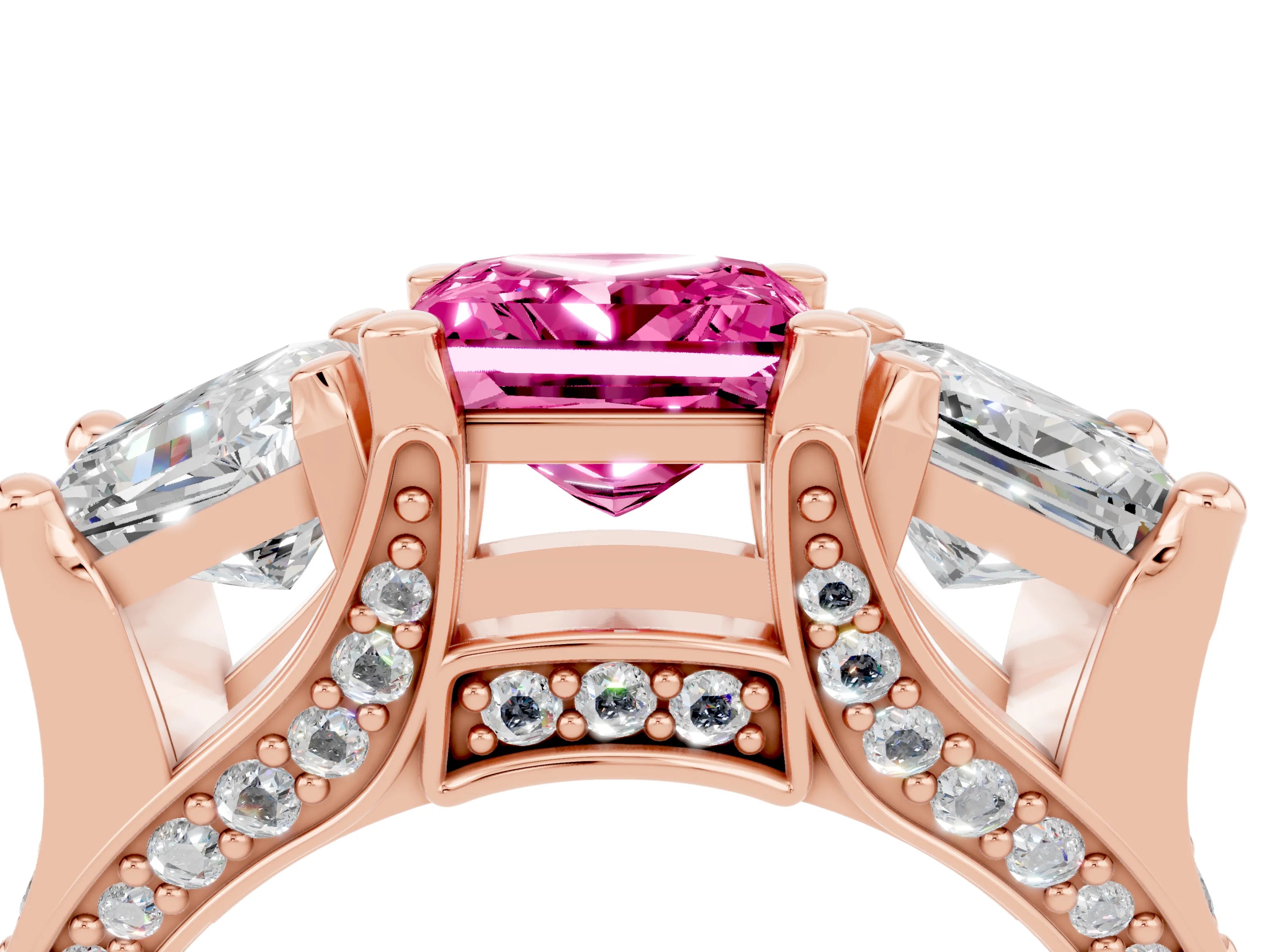 Rose gold Princess Cut Pink Sapphire Three-Stone Ring with Channel Set Band and Four-Prong Setting_4
