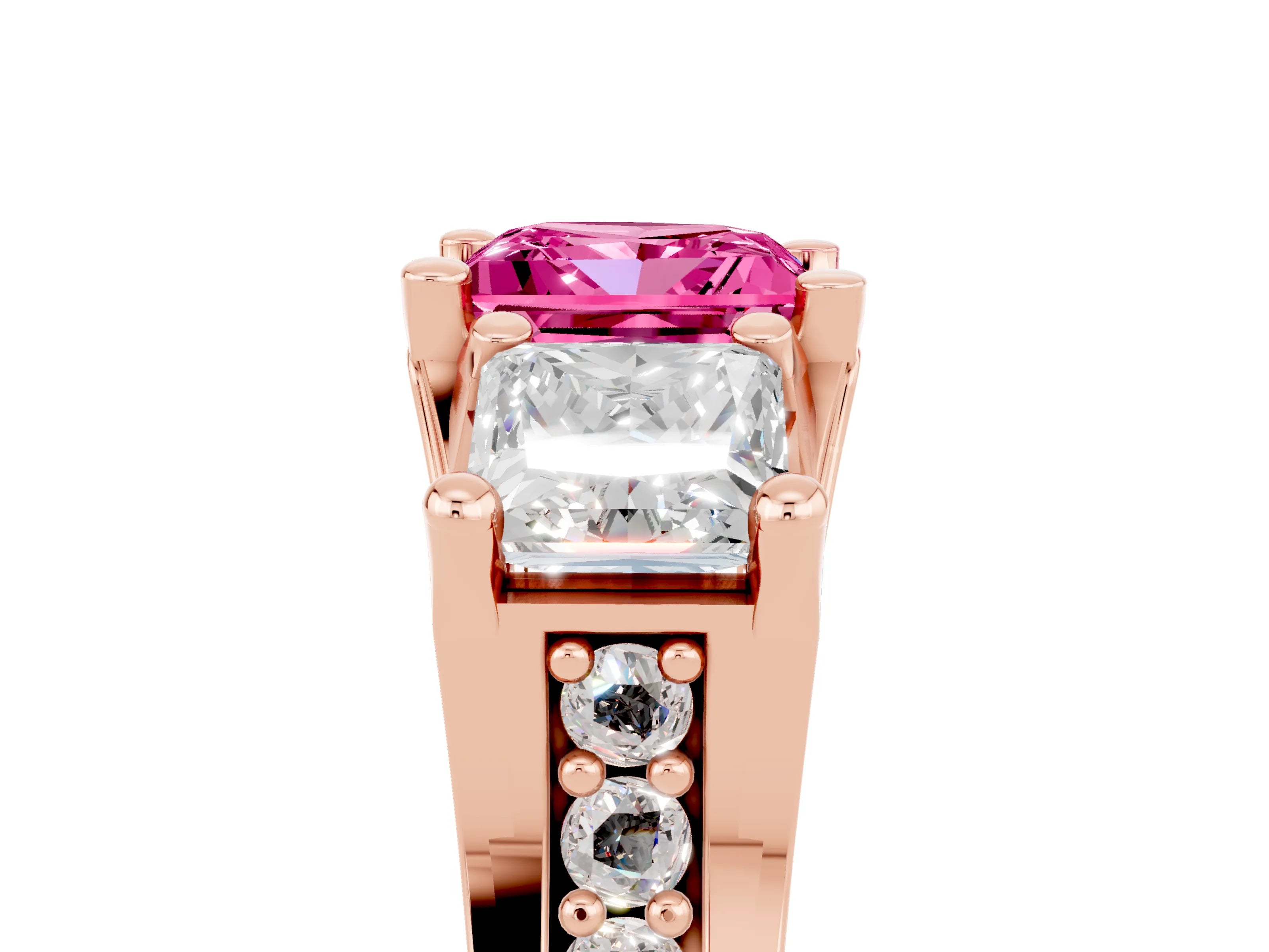 Rose gold Princess Cut Pink Sapphire Three-Stone Ring with Channel Set Band and Four-Prong Setting_5