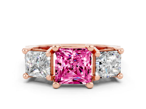 Rose gold Princess Cut Pink Sapphire Three-Stone Ring with Channel Set Band and Four-Prong Setting
