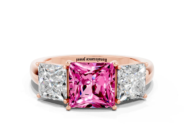 Rose gold Princess Cut Pink Sapphire Three-Stone Ring with Four-Prong Setting and Classic Band