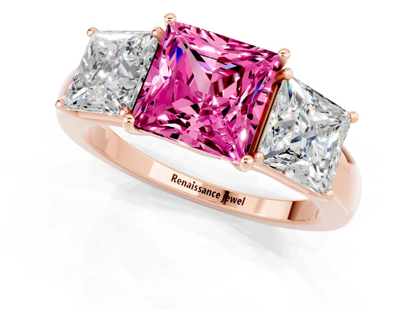 Rose gold Princess Cut Pink Sapphire Three-Stone Ring with Four-Prong Setting and Classic Band