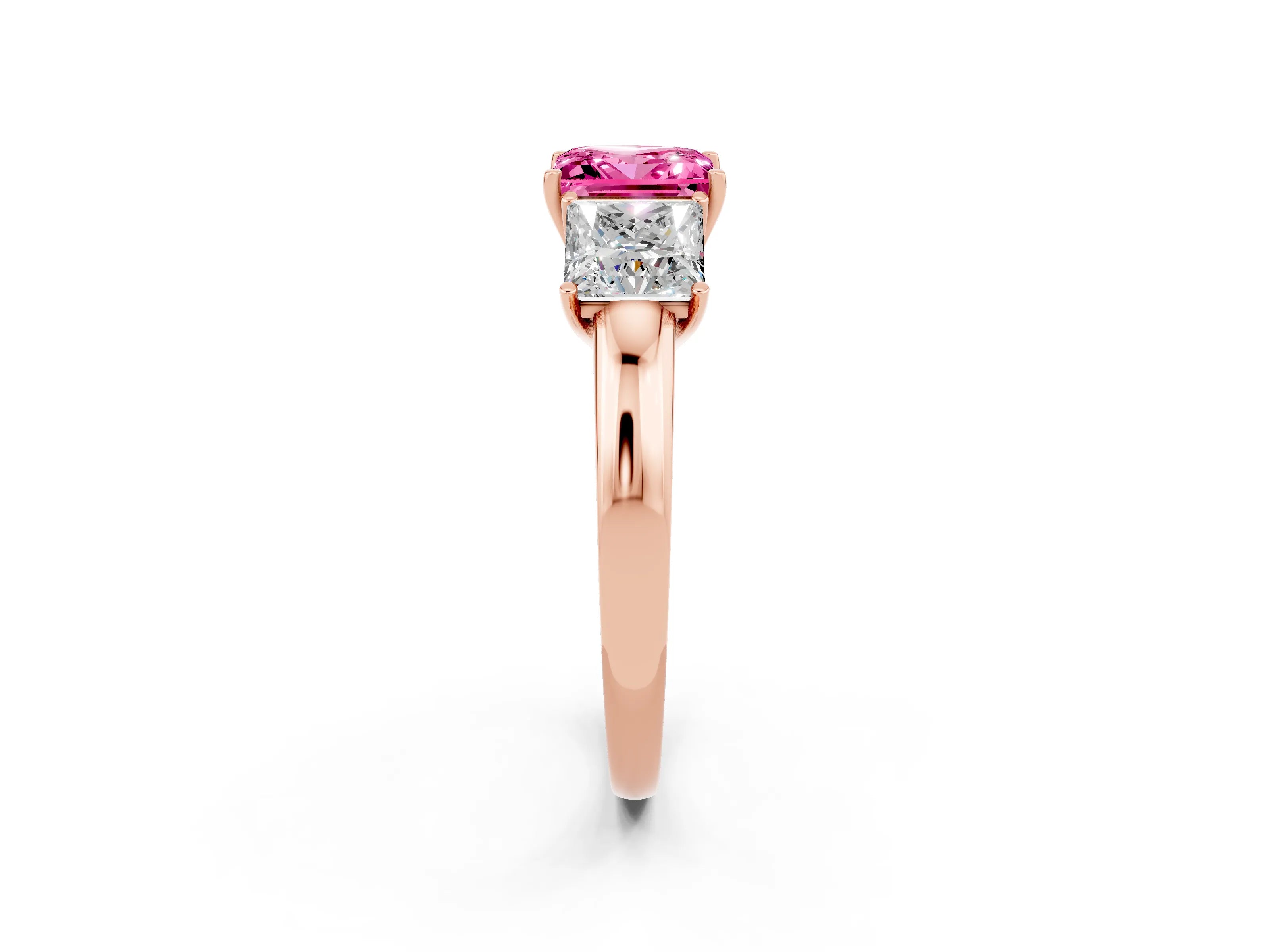 Rose gold Princess Cut Pink Sapphire Three-Stone Ring with Four-Prong Setting and Classic Band_2