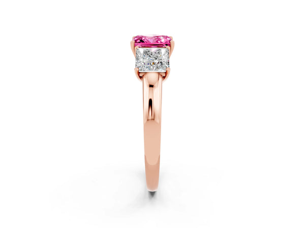 Rose gold Princess Cut Pink Sapphire Three-Stone Ring with Four-Prong Setting and Classic Band