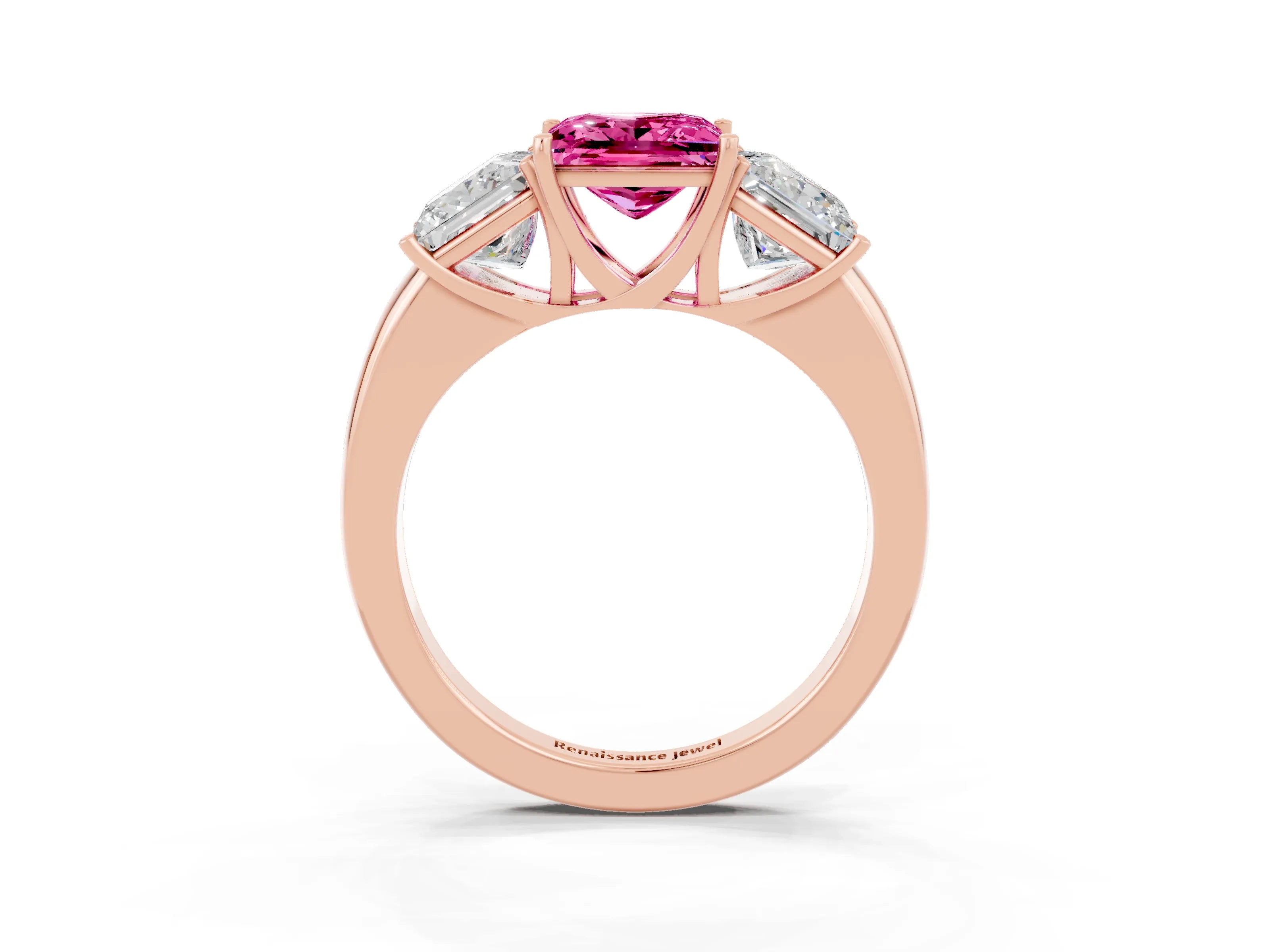 Rose gold Princess Cut Pink Sapphire Three-Stone Ring with Four-Prong Setting and Classic Band_3