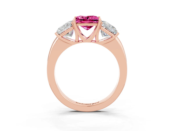Rose gold Princess Cut Pink Sapphire Three-Stone Ring with Four-Prong Setting and Classic Band