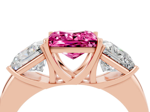 Rose gold Princess Cut Pink Sapphire Three-Stone Ring with Four-Prong Setting and Classic Band_4