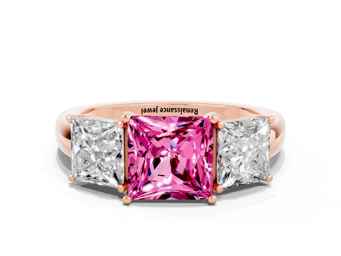 Rose gold Princess Cut Pink Sapphire Three-Stone Ring with Four-Prong Setting and Classic Band