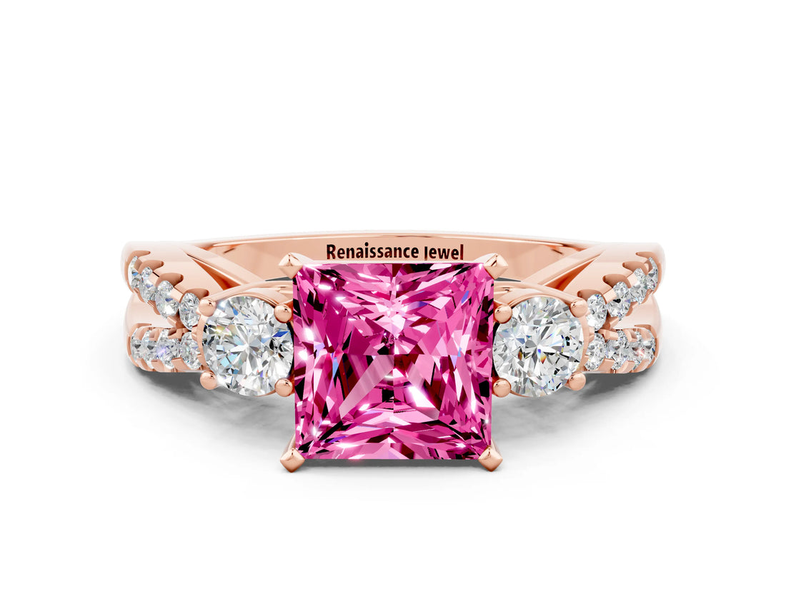 Rose gold Princess Cut Pink Sapphire Three-Stone Ring with Pavé Split Shank and Four-Prong Setting_24