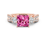 Rose gold Princess Cut Pink Sapphire Three-Stone Ring with Pavé Split Shank and Four-Prong Setting_24