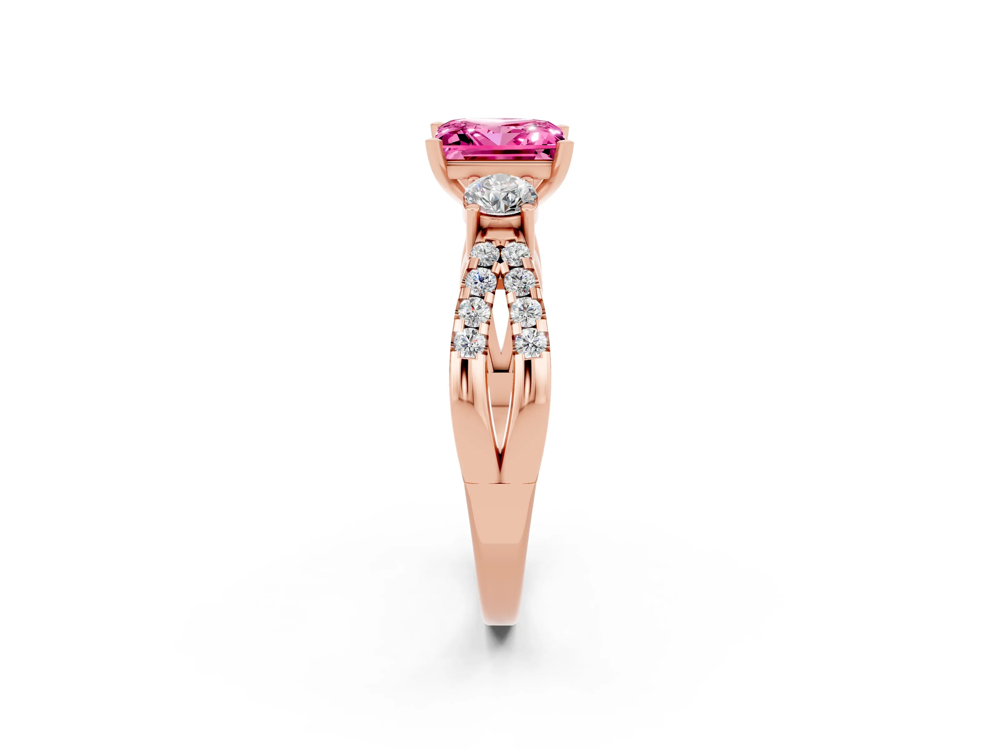 Rose gold Princess Cut Pink Sapphire Three-Stone Ring with Pavé Split Shank and Four-Prong Setting_26