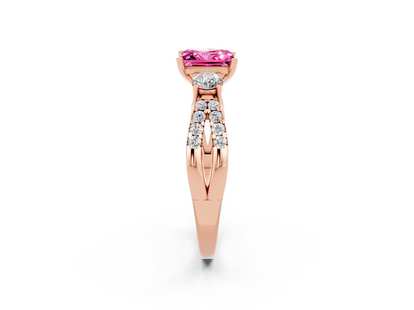 Rose gold Princess Cut Pink Sapphire Three-Stone Ring with Pavé Split Shank and Four-Prong Setting