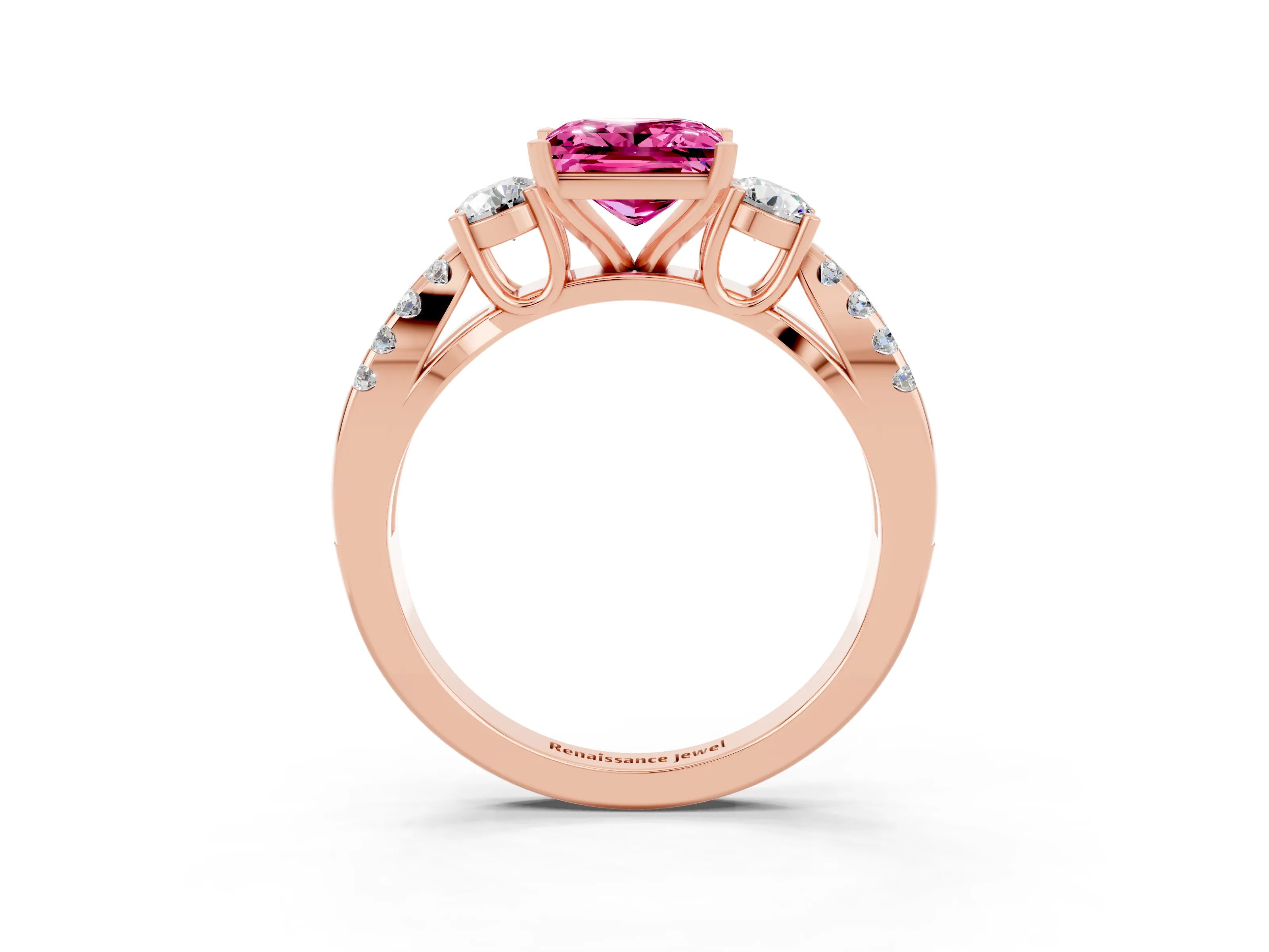 Rose gold Princess Cut Pink Sapphire Three-Stone Ring with Pavé Split Shank and Four-Prong Setting_27