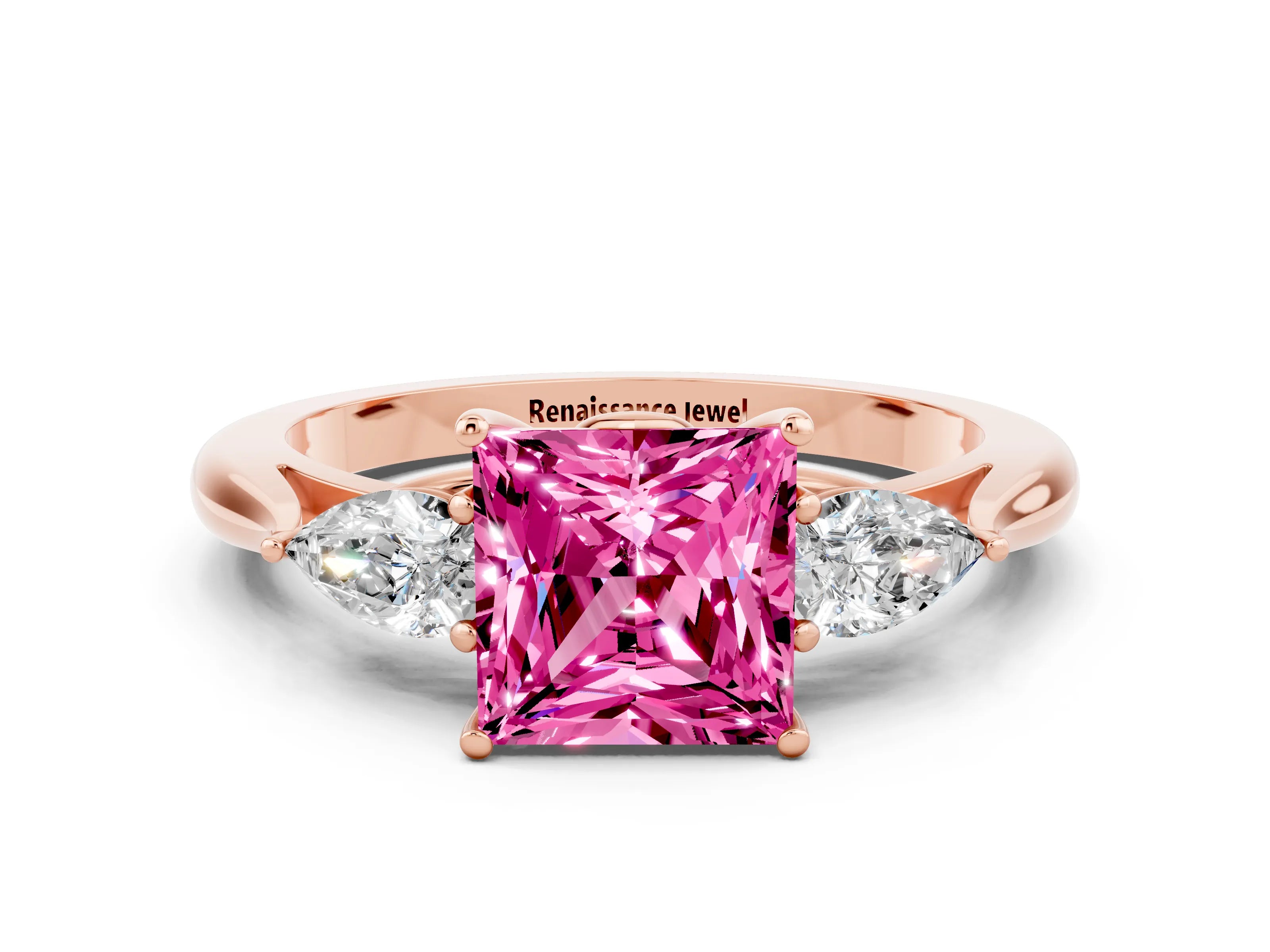 Rose gold Princess Cut Pink Sapphire Three-Stone Ring with Pear Side Stones and Four-Prong Setting_12