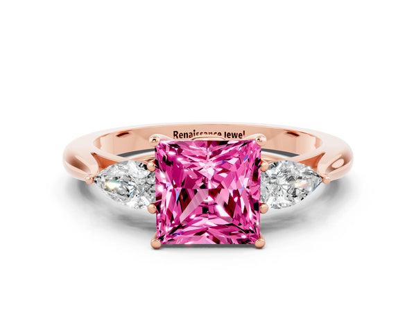Rose gold Princess Cut Pink Sapphire Three-Stone Ring with Pear  Side Stones and Prong Setting