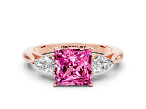 Rose gold Princess Cut Pink Sapphire Three-Stone Ring with Pear Side Stones and Four-Prong Setting_12