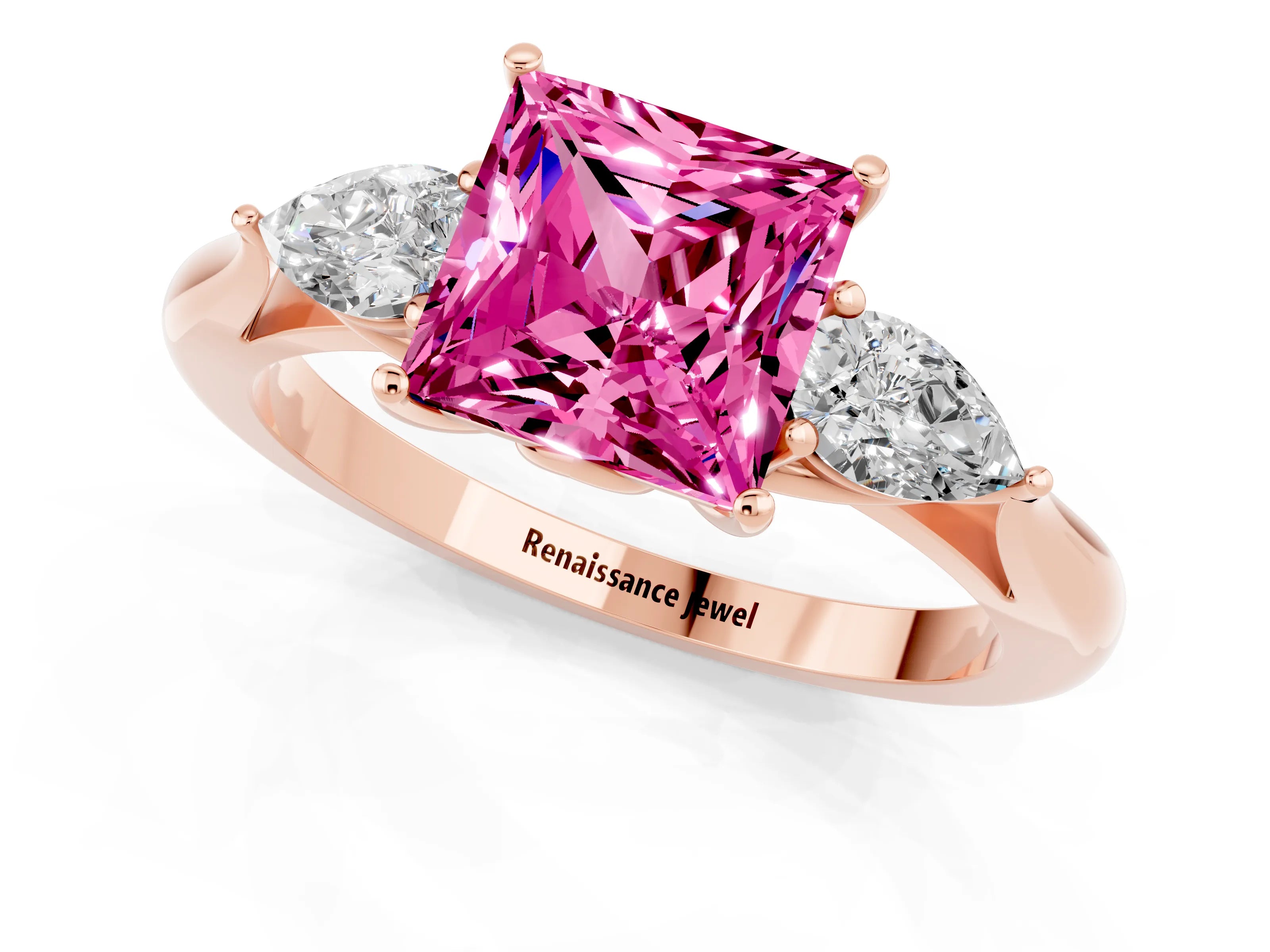 Rose gold Princess Cut Pink Sapphire Three-Stone Ring with Pear Side Stones and Four-Prong Setting_13