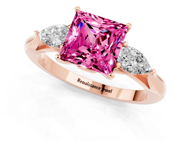 Rose gold Princess Cut Pink Sapphire Three-Stone Ring with Pear  Side Stones and Prong Setting