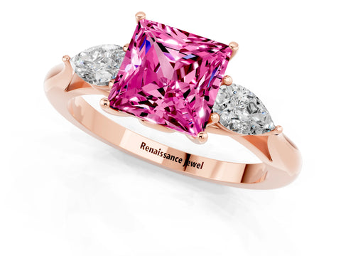 Rose gold Princess Cut Pink Sapphire Three-Stone Ring with Pear Side Stones and Four-Prong Setting_13