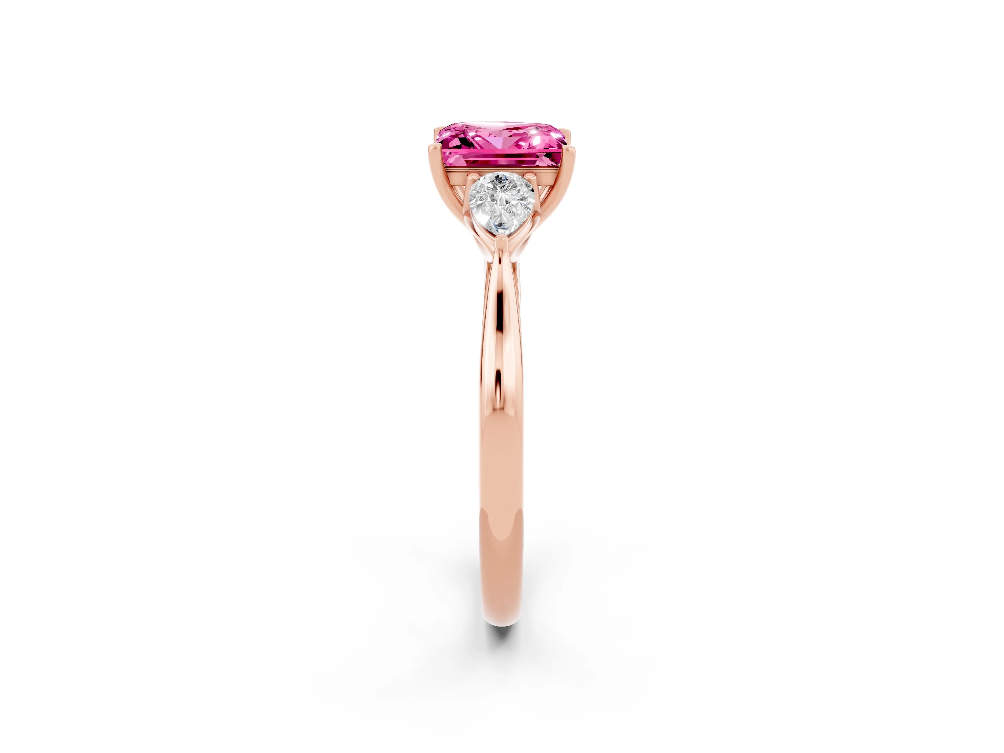 Rose gold Princess Cut Pink Sapphire Three-Stone Ring with Pear Side Stones and Four-Prong Setting_14