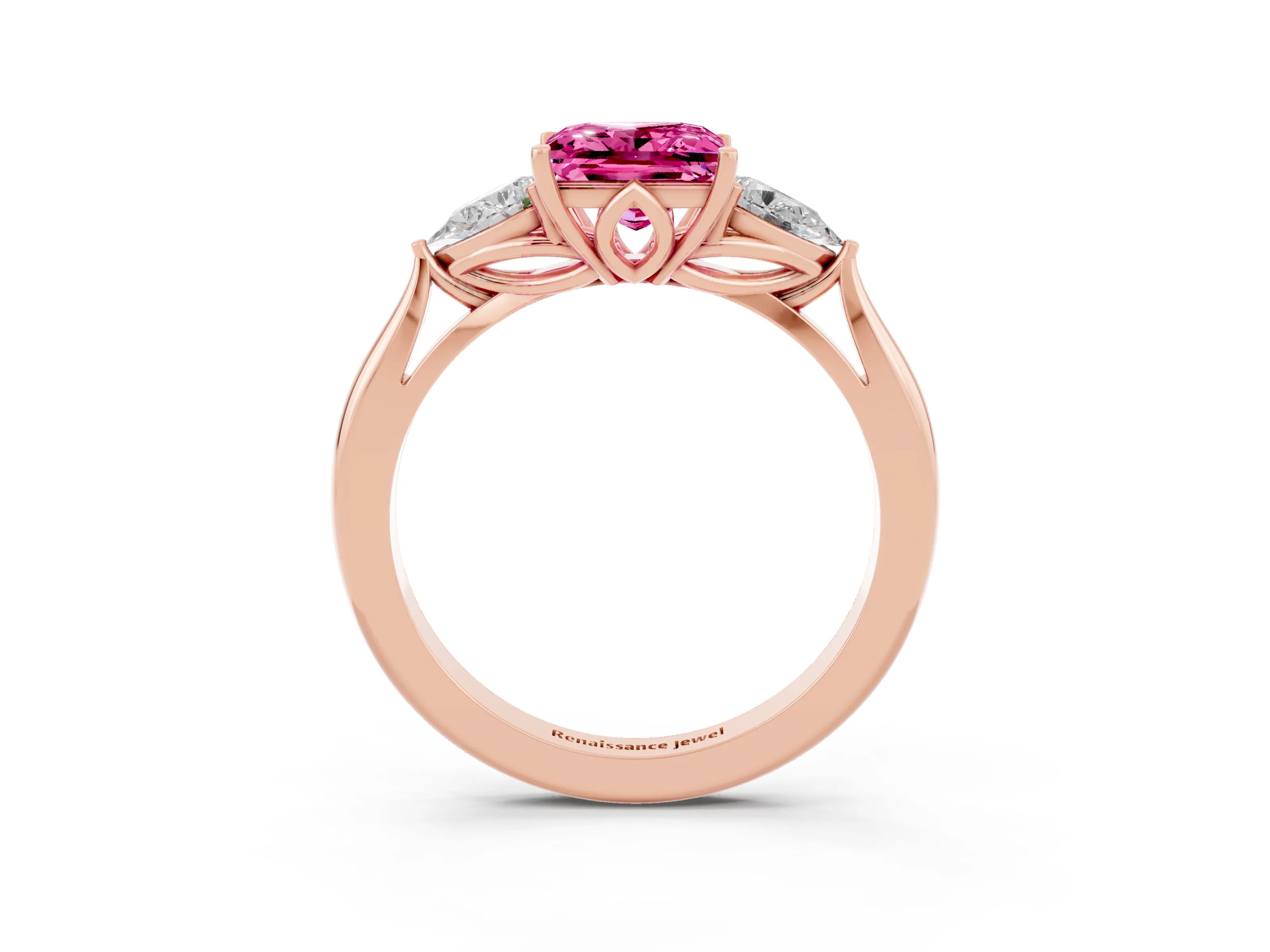 Rose gold Princess Cut Pink Sapphire Three-Stone Ring with Pear Side Stones and Four-Prong Setting_15