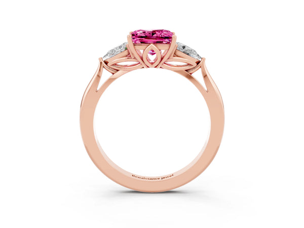 Rose gold Princess Cut Pink Sapphire Three-Stone Ring with Pear  Side Stones and Prong Setting