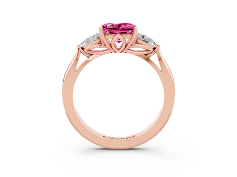 Rose gold Princess Cut Pink Sapphire Three-Stone Ring with Pear Side Stones and Four-Prong Setting_15