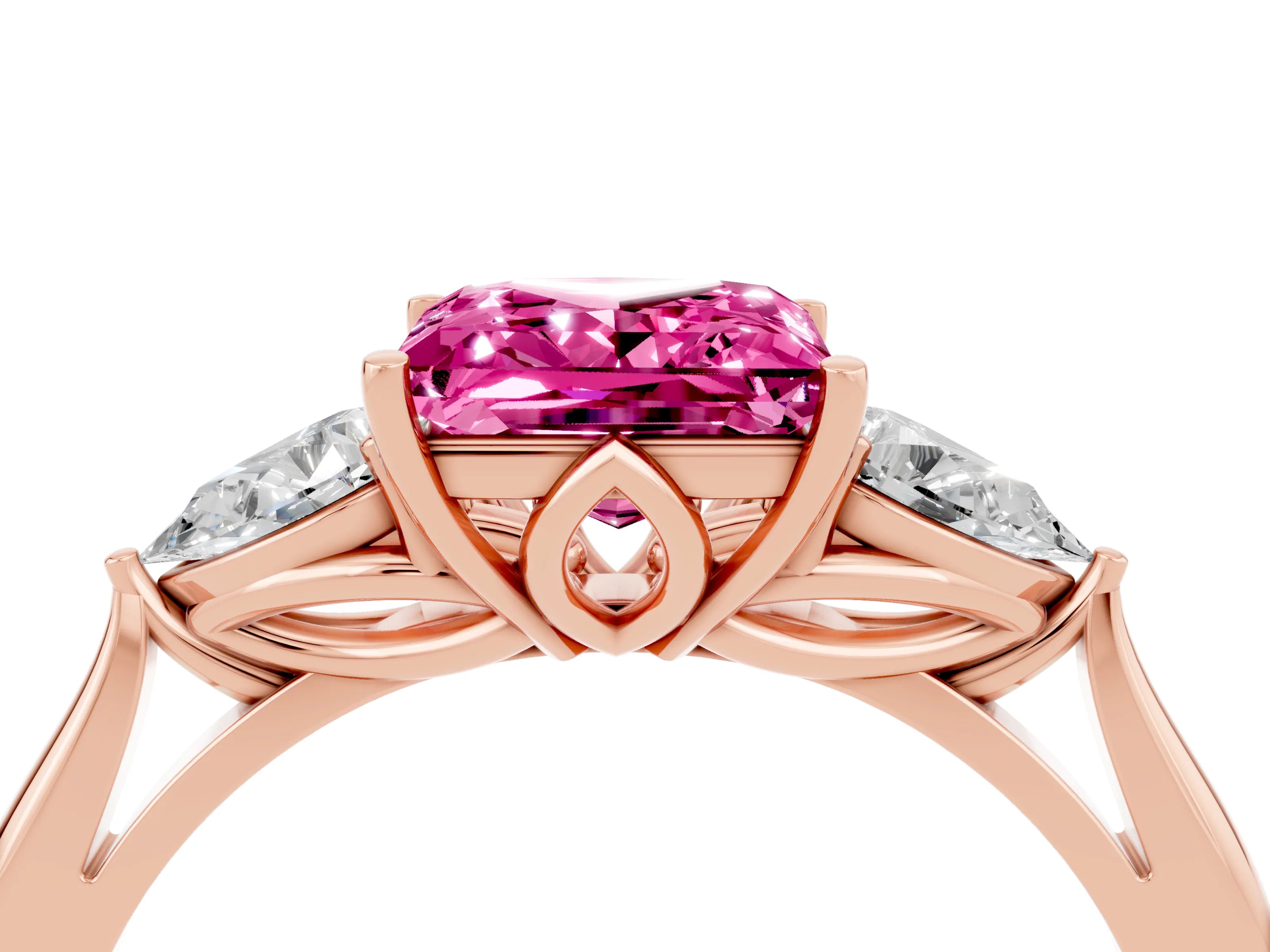 Rose gold Princess Cut Pink Sapphire Three-Stone Ring with Pear Side Stones and Four-Prong Setting_16