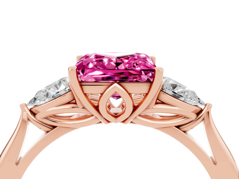 Rose gold Princess Cut Pink Sapphire Three-Stone Ring with Pear Side Stones and Four-Prong Setting_16