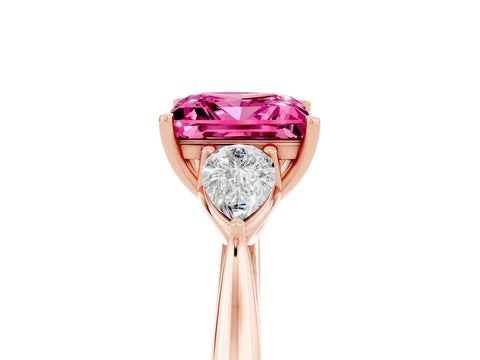 Rose gold Princess Cut Pink Sapphire Three-Stone Ring with Pear Side Stones and Four-Prong Setting_17