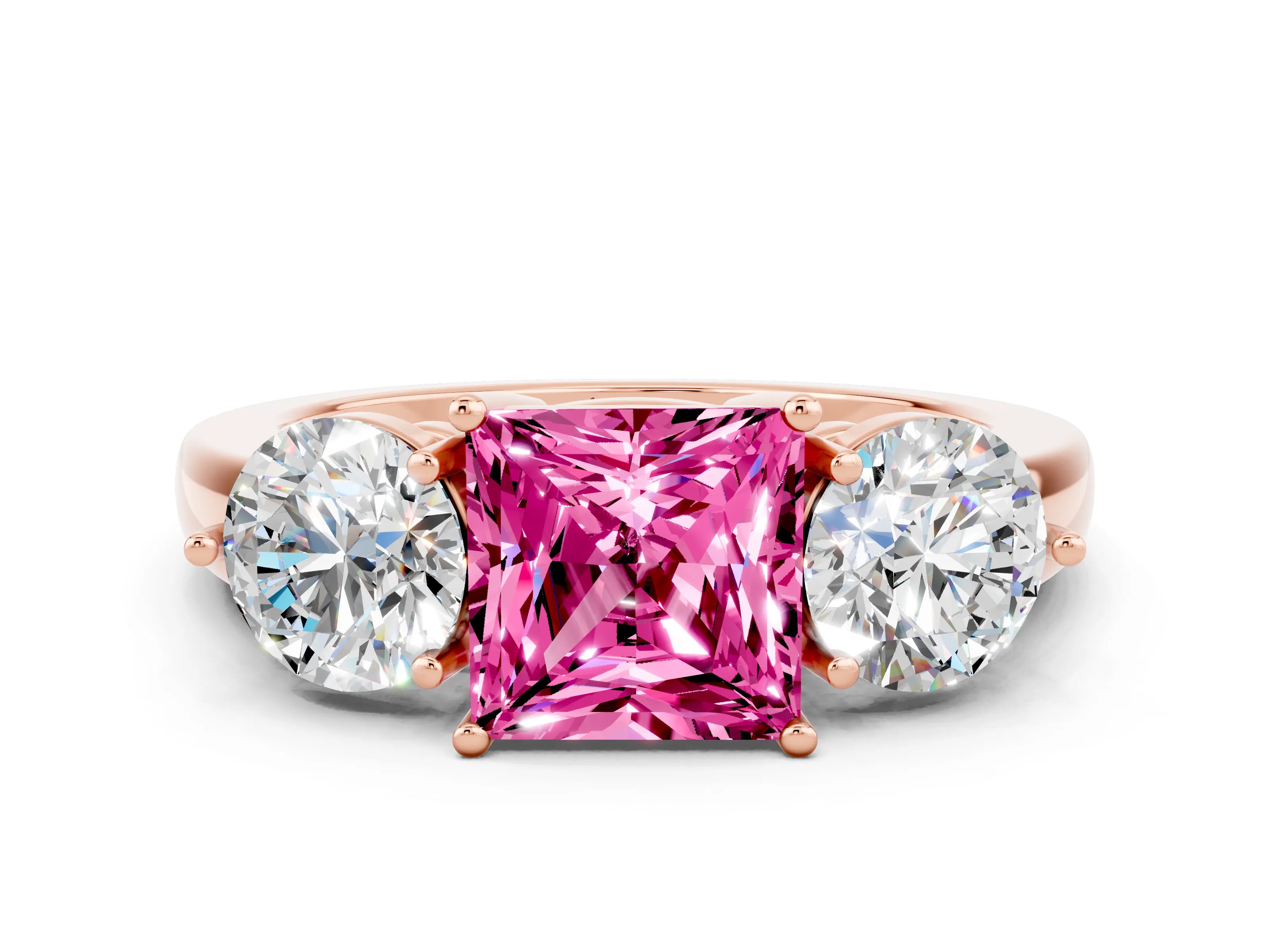 Rose gold Princess Cut Pink Sapphire Three-Stone Ring with Prong Setting and Classic Band