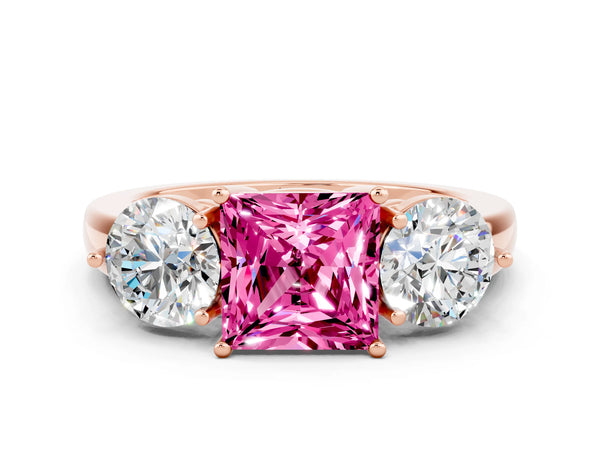 Rose gold Princess Cut Pink Sapphire Three-Stone Ring with Prong Setting and Classic Band